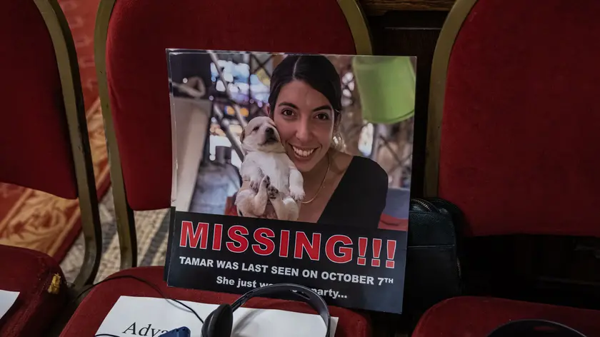 epa10951629 The portrait of an Israeli hostage is placed on a seat of the Paris 'De la Victoire' Great Synagogue during an event of support for the families of hostages held by the Hamas group since the Palestinian movement's attacks on 07 October against Israel, in Paris, France, 31 October 2023. According to the Israel Defence Forces (IDF), as of 31 October at least 240 people were being held hostage by Hamas in Gaza following the militant group's 07 October attack from the Gaza Strip into Israel. EPA/CHRISTOPHE PETIT TESSON