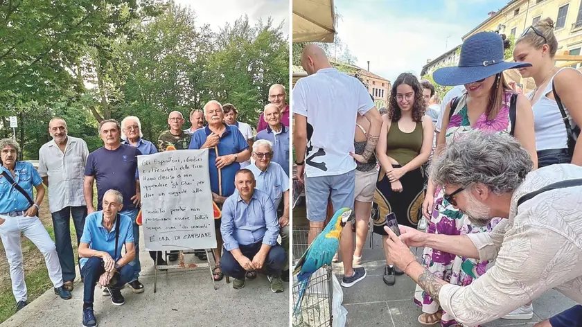 Gli allevatori che hanno scioperato per protesta alla Sagra dei Osei, a destra alcuni visitatori