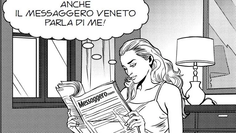 Una vignetta inedita dedicata ai lettori del Messaggero Veneto, dall’episodio “All’ombra del patibolo”, il Grande Diabolik 1/2023, in tutte le edicole da metà aprile. I disegni sono di due donne: Giulia F. Massaglia e Stefania Caretta. Diabolik/Eva Kant©Astorina srl