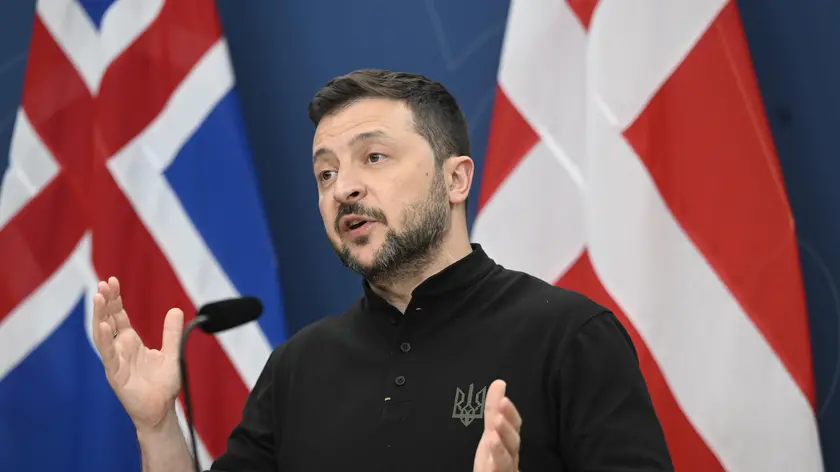 epaselect epa11381503 Ukrainian President Volodymyr Zelensky gestures while speaking at a joint press conference with Scandinavian leaders during a Ukraine-Nordic summit in Stockholm, Sweden, 31 May 2024. President Zelensky toured several European countries such as Spain, Belgium and Portugal in the previous days to strengthen bilateral relations, especially cooperation in the field of security and defense support. EPA/FREDRIK SANDBERG SWEDEN OUT