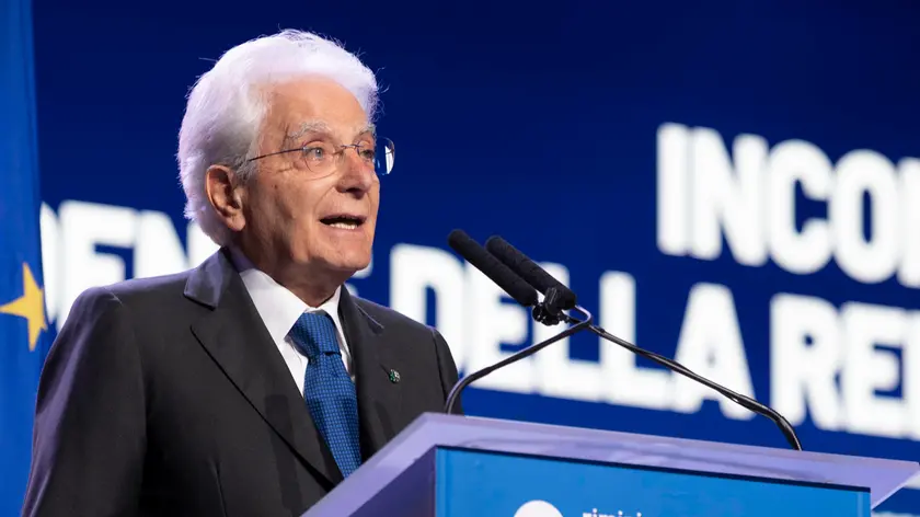 This handout photo provided by the Quirinal Press Office shows Italian President Sergio Mattarella delivering a speech during the annual Meeting of Catholic evangelical organisation Comunione e Liberazione (CL) in Rimini, Italy, 25 August 2023. A society based on hatred and hostility can have no future, President Mattarella said. "What is the basis of human society, of the reality in which each of us is immersed?" Mattarella asked participants at the annual Meeting of Catholic evangelical organisation Comunione e Liberazione (CL) in Rimini. "Is it the character of confrontation? Is it the pursuit of one's own access to essential goods and consumer items? Is it hostility towards one's neighbour? Is it contraposition of differences? Or is it even the feeling of hatred that underlies human coexistence?" he continued. "If we were to answer yes to even one of these questions, the fate of humanity would most probably have been sealed," said Mattarella. ANSA/ QUIRINAL PRESS OFFICE/ FRANCESCO AMMENDOLA +++ ANSA PROVIDES ACCESS TO THIS HANDOUT PHOTO TO BE USED SOLELY TO ILLUSTRATE NEWS REPORTING OR COMMENTARY ON THE FACTS OR EVENTS DEPICTED IN THIS IMAGE; NO ARCHIVING; NO LICENSING +++ NPK +++