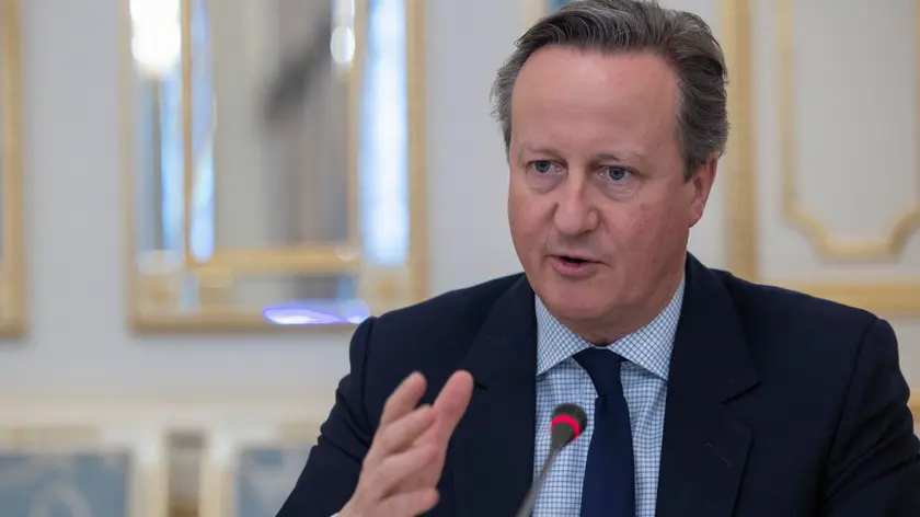 A handout photo made available by the Ukrainian Presidential Press Service shows British Foreign Secretary David Cameron meeting with Ukrainian President Volodymyr Zelensky (not pictured) in Kyiv, Ukraine, 03 May 2024. Cameron arrived in Kyiv to meet with top Ukrainian officials amid the ongoing Russian invasion. ANSA/PRESIDENTIAL PRESS SERVICE HANDOUT HANDOUT EDITORIAL USE ONLY/NO SALES HANDOUT EDITORIAL USE ONLY/NO SALES