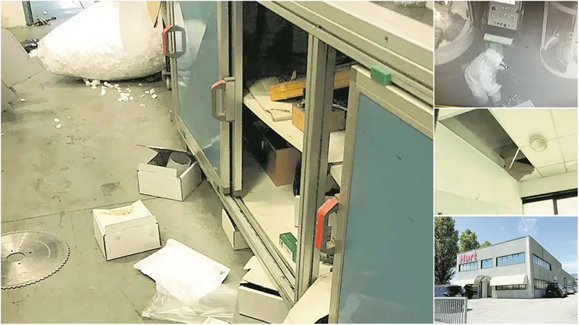 La devastazione degli uffici, uno dei ladri in azione ripreso dalle telecamere, il buco nel soffitto per accedere al al magazzino e la sede dell’azienda