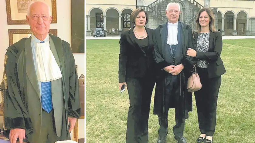 L’avvocato Luciano Cardella nel suo studio e, a destra, “toga d’oro” con le figlie Grazia e Luciana