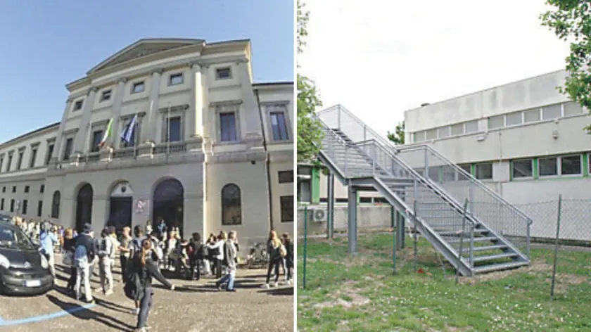 A sinistra la scuola Manzoni di Udine,