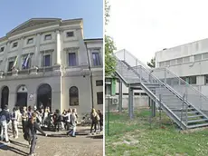 A sinistra la scuola Manzoni di Udine,