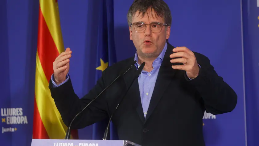 epa11383705 Junts per Catalunya (Together for Catalonia) party president Carles Puigdemont speaks during a campaign event ahead of the European Parliament elections in Brussels, Belgium, 01 June 2024. The European Parliament elections are scheduled across EU member states from 06 to 09 June 2024. EPA/OLIVIER HOSLET