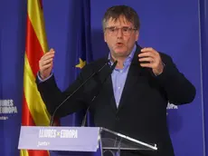 epa11383705 Junts per Catalunya (Together for Catalonia) party president Carles Puigdemont speaks during a campaign event ahead of the European Parliament elections in Brussels, Belgium, 01 June 2024. The European Parliament elections are scheduled across EU member states from 06 to 09 June 2024. EPA/OLIVIER HOSLET