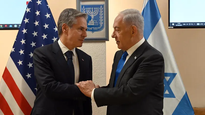 epa10914733 A handout photo made available by Israel's Government Press Office (GPO) shows Israeli Prime Minister Benjamin Netanyahu (R) and US Secretary of State Antony Blinken during a meeting at the Kirya, which houses the Israeli Ministry of Defense, in Tel Aviv, Israel, 12 October 2023. Blinken arrived in Israel to 'reiterate his condolences for the victims of the terrorist attacks against Israel and condemn those attacks in the strongest terms' and to also discuss measures to bolster Israel's security, the US State Department said. He is on a trip to Israel and Jordan from 11 to 13 October, where he will meet with senior officials. EPA/GPO/CHAIM CHAIM HANDOUT HANDOUT EDITORIAL USE ONLY/NO SALES HANDOUT EDITORIAL USE ONLY/NO SALES