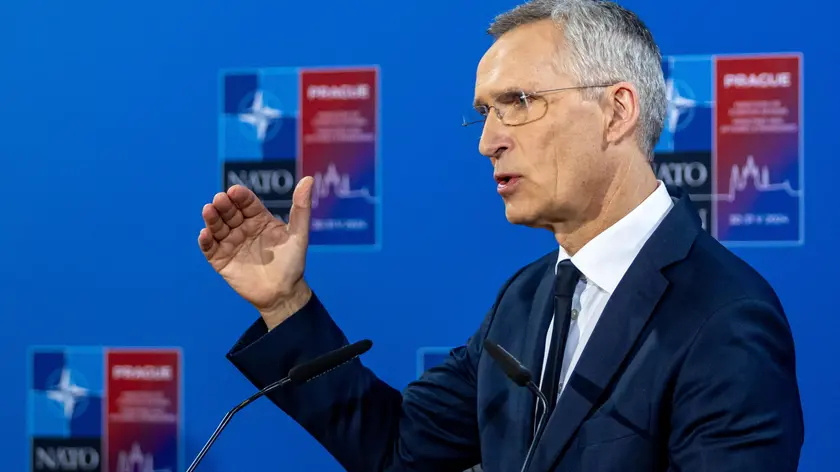 epa11381519 NATO Secretary General Jens Stoltenberg talks to journalist at a press conference following the informal NATO Foreign Ministers Meeting at Czernin Palace, in Prague, Czech Republic, 31 May 2024. The main topic of the two-day informal meeting of NATO foreign ministers was the search for consensus on the Alliance's next steps in support of Ukraine and to discuss priorities for the upcoming NATO Washington Summit. EPA/MARTIN DIVISEK
