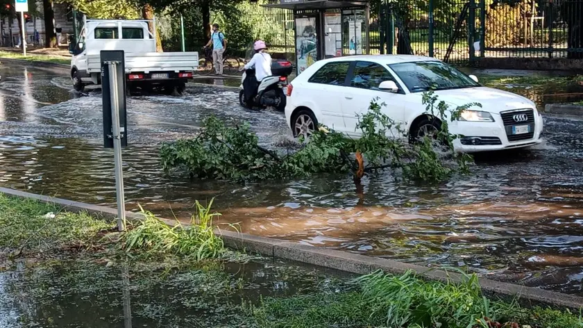 Un'immagine dei danni causati dal maltempo a Milano, in viale Alemagna nei pressi di Parco Sempione, 25 luglio 2023. ANSA/PAOLO SALMOIRAGO