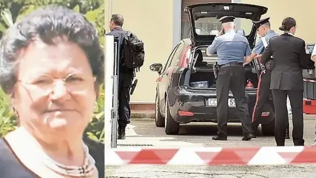 Benita Gasparini, l’89enne uccisa a coltellate il 19 luglio; a destra gli inquirenti nella sua casa a Pantianicco