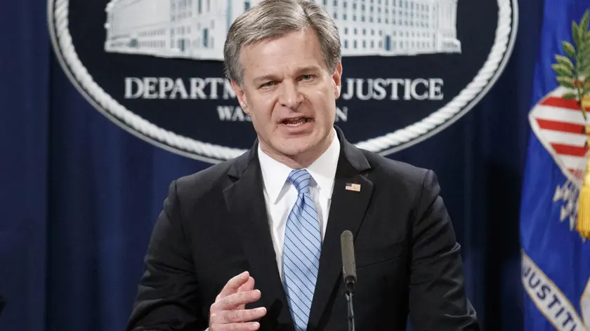 epa07122159 FBI Director Christopher Wray joins US Attorney General Jeff Sessions and delivers remarks on the apprehension and arrest of mail bomb suspect Cesar Sayoc jr. during a press conference at the Department of Justice in Washington, DC, USA, 26 October 2018. Attorney General Sessions was joined FBI Director Chris Wray, New York Police Department Commissioner James P. O'Neill, U.S. Attorney Geoffrey Berman for the Southern District of New York, ATF Deputy Director Thomas E. Brandon, FBI New York Field Office Assistant Director in Charge William F. Sweeney, Jr. and U.S. Postal Inspection Service Deputy Chief Gary Barksdale. EPA/SHAWN THEW
