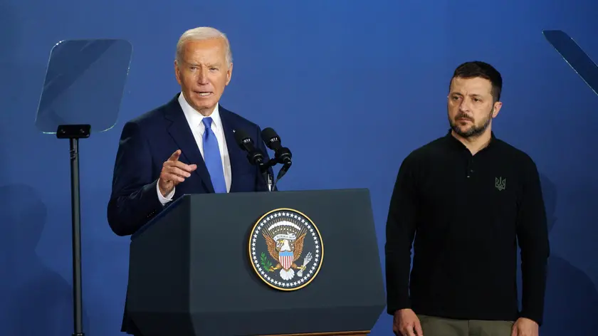 epa11473394 US President Joe Biden (L) and President of Ukraine Volodymyr Zelensky (R) during a ceremony for the ‘Ukraine Compact’ during the North Atlantic Treaty Organization (NATO) Summit in Washington, DC, USA, 11 July 2024. The 75th Anniversary NATO Summit takes place in Washington, DC, from 09 to 11 July 2024. EPA/WILL OLIVER