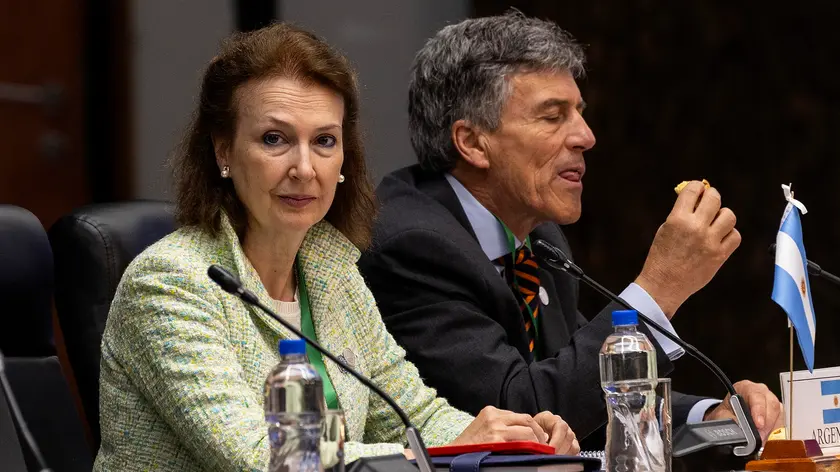 epa11465578 Argentina's Minister of Foreign Affairs, Diana Mondino (L), participates with the Foreign Ministers of the member countries of the Southern Common Market (Mercosur) in a meeting in Asuncion, Paraguay, 07 July 2024. The foreign ministers of the member countries of the Southern Common Market (Mercosur) began a meeting on 07 July before the summit of heads of state of the regional bloc. EPA/Antonio Lacerda