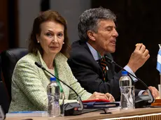 epa11465578 Argentina's Minister of Foreign Affairs, Diana Mondino (L), participates with the Foreign Ministers of the member countries of the Southern Common Market (Mercosur) in a meeting in Asuncion, Paraguay, 07 July 2024. The foreign ministers of the member countries of the Southern Common Market (Mercosur) began a meeting on 07 July before the summit of heads of state of the regional bloc. EPA/Antonio Lacerda