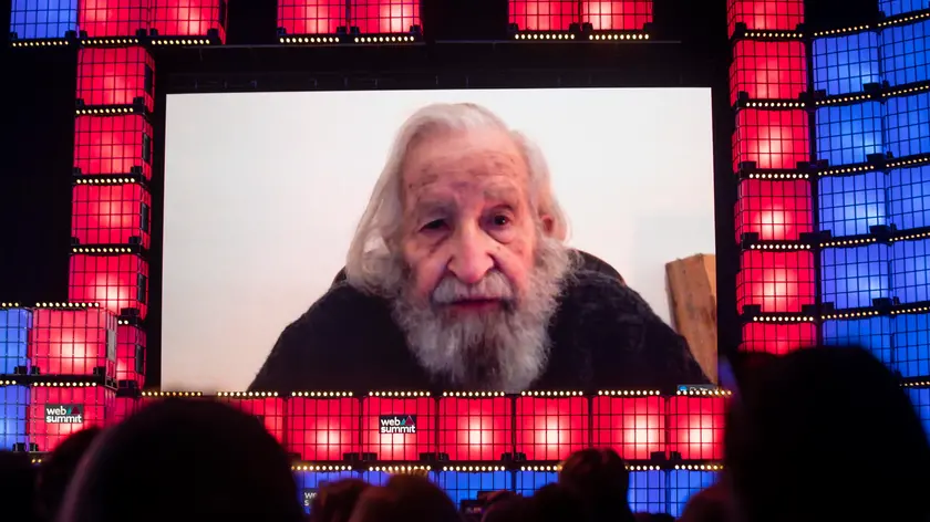 epa10286594 US philosopher Noam Chomsky, attends a talk via videoconference at Web Summit, Parque das Nacoes, Lisbon, Portugal, 04 November 2022. The Web Summit is considered the largest event of startups and technological entrepreneurship in the world, and takes place from 01 to 04 November in Lisbon. EPA/JOSE SENA GOULAO