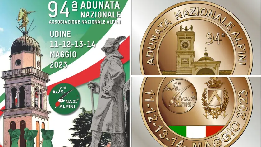 A sinistra il manifesto e a destra le due medaglie commemorative dell'Adunata di Udine