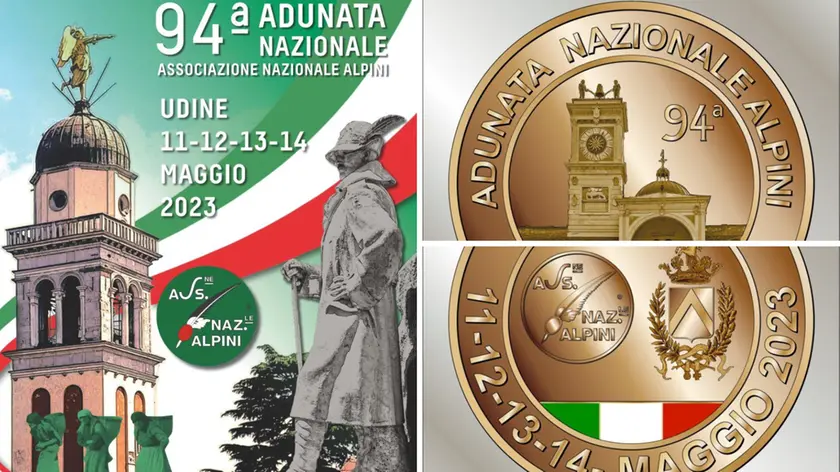 A sinistra il manifesto e a destra le due medaglie commemorative dell'Adunata di Udine