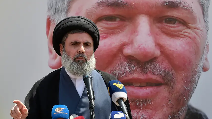 epa11405852 Head of Hezbollah's Executive Council Sayyed Hashem Safieddine, speaks during the funeral of late Hezbollah senior commander Taleb Sami Abdallah mourns during his funeral procession in Beirut, Lebanon, 12 June 2024. According to the Hezbollah media office, four Hezbollah fighters, including the senior leader Taleb Sami Abdallah, were killed after the Israeli attack on a residential building in Jwaya town in the Tyre district, southern Lebanon on 11 June. EPA/WAEL HAMZEH