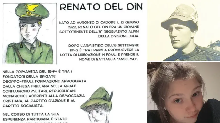 Uno dei fumetti e, a destra, Renato Del Din (ucciso a Tolmezzo il 26 aprile 1944) e la studentessa Denisa Valentina Caliment