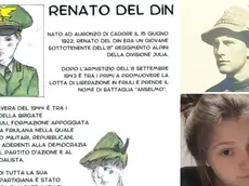Uno dei fumetti e, a destra, Renato Del Din (ucciso a Tolmezzo il 26 aprile 1944) e la studentessa Denisa Valentina Caliment