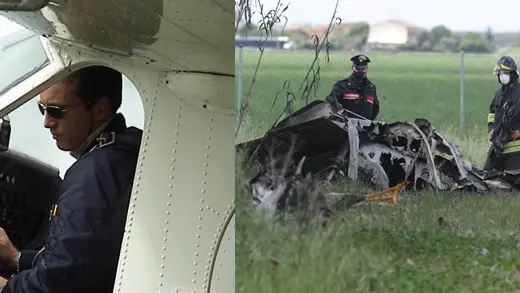 Valerio Antonucci e, a destra, gli inquirenti romagnoli nel luogo dove è precipitato l’aereo