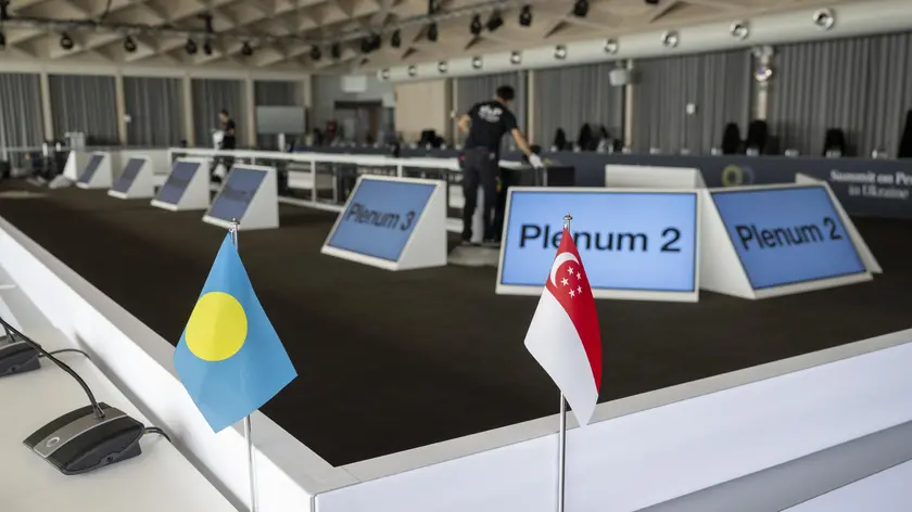 epa11408031 Final preparations are done for the 'Summit on Peace in Ukraine' at the Buergenstock Resort, in Obbeurgen, Switzerland, 13 June 2024. Switzerland will host the two-day Summit on Peace in Ukraine conference on 15 and 16 June 2024 at the Buergenstock Resort in central Switzerland. More than 90 delegations from all over the world are expected to attend the summit. EPA/URS FLUEELER