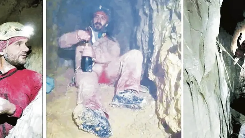 Filippo Felici in grotta, a destra Carlo Centazzo che stappa una bottiglia per festeggiare l’apertura di Buselonghe