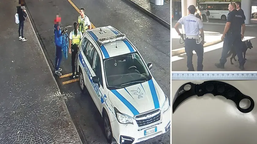 I controlli della polizia locale all’autostazione di Tolmezzo e, sotto a destra, il coltello da combattimento sequestrato