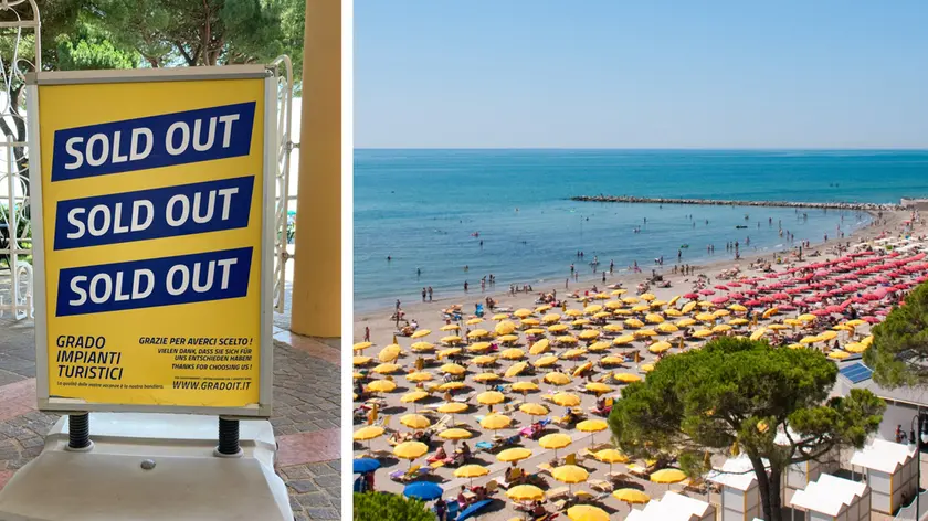 Il cartello di sold out esposto domenica 9 luglio e una veduta della spiaggia in una foto di repertorio