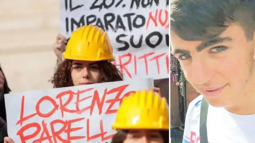 Una manifestazione studentesca in ricordo di Lorenzo Parelli e, a destra, un primo piano dello studente friulano