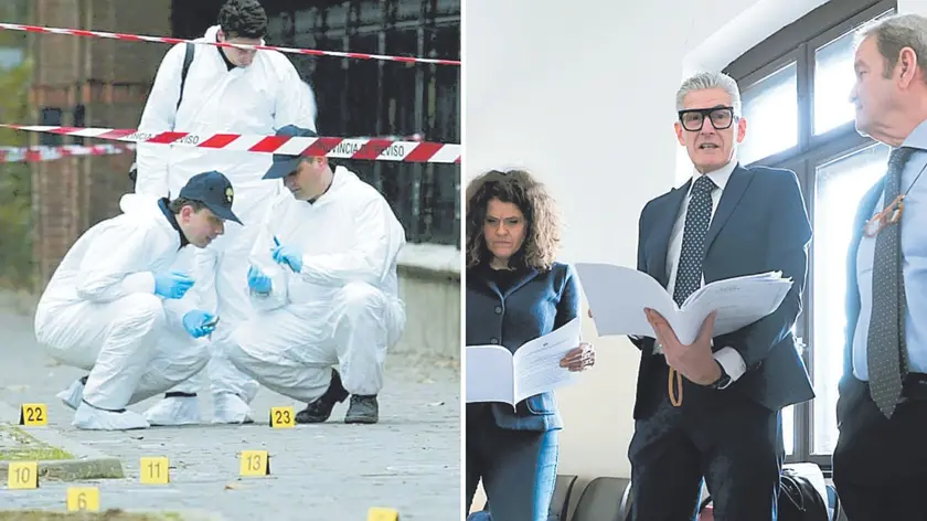 Gli esperti sul luogo di uno degli attentati e, a destra, i legali Devetag, Da Ros e Dell’Agnolo