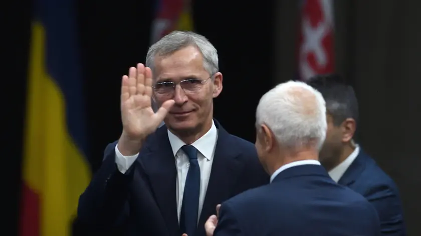 epa11372872 NATO Secretary General Jens Stoltenberg waves a he attends the spring session of the NATO Parliamentary Assembly (NPA) in Sofia, Bulgaria, 27 May 2024. Participants in the spring session of the NPA will discuss key topics on the Euro-Atlantic defense and security agenda with a focus on support for Ukraine and priorities for the upcoming July NATO summit in Washington. EPA/VASSIL DONEV