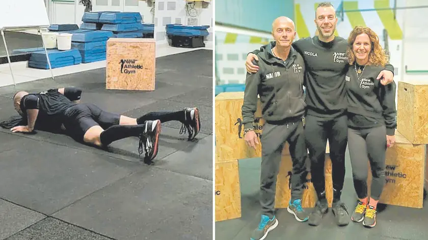Da sinistra, Nicola Procopio durante un allenamento e tra Nadir Menotto e Sabrina Iserni, titolari della palestra New athletic gym di Casarsa