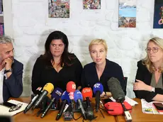 epa11450635 Parliamentary election candidates Alexis Corbiere (L), Raquel Garrido (2-L), and Danielle Simonnet (R), and Clementine Autain (2-R), reelected member of the National Assembly of France and member of the French extreme-left party La France Insoumise (LFI), hold a press conference in Paris, France, 01 July 2024. LFI has withdrawn its support for Alexis Corbiere, Raquel Garrido, and Danielle Simonnet, candidates in the ongoing Parliamentary election, following the first round of the legislative election, and presented opposing candidates against them. The second round of the vote will take place on 07 July 2024. EPA/MOHAMMED BADRA