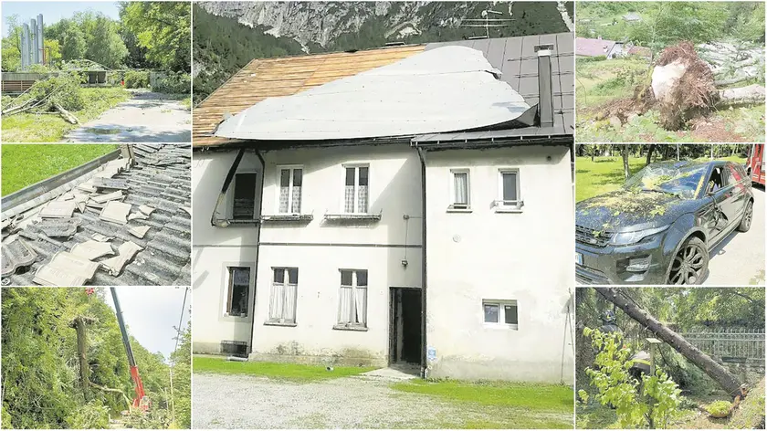 Alcune immagini del maltempo di questi giorni: al centro Cave del Predil, in alto a sinistra e in senso antiorario, Codroipo, Villa Santina, Savogna, Resia e Gemona