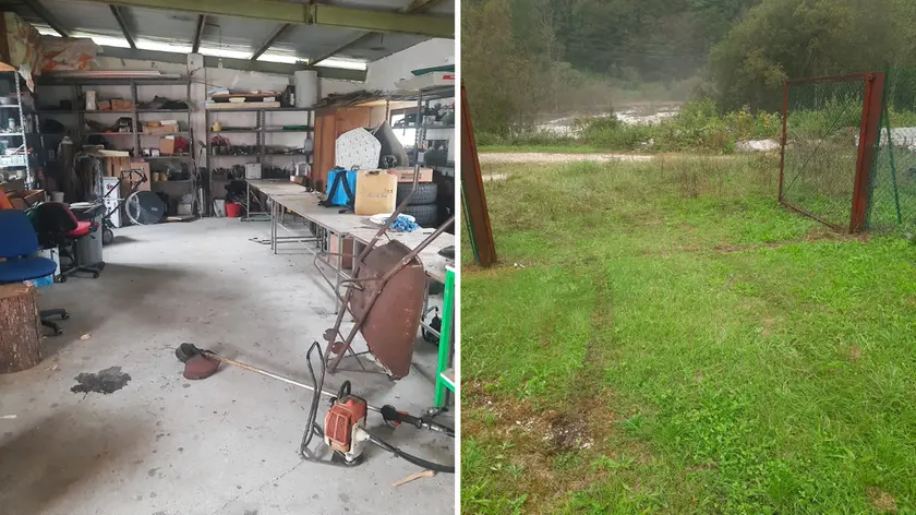 I danni al magazzino di Lusevera. E a destra le tracce degli pneumatici lasciate dai ladri