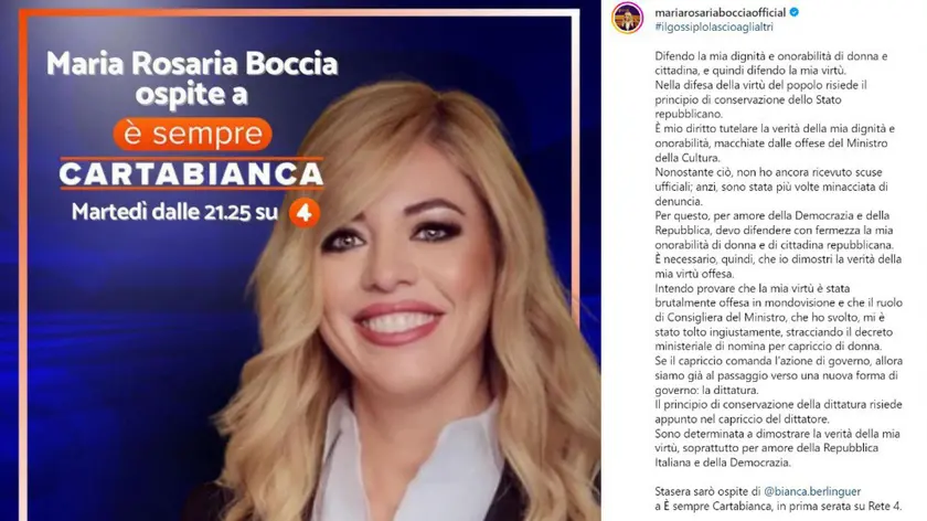 "Se il capriccio comanda l'azione di governo, allora siamo già al passaggio verso una nuova forma di governo: la dittatura. Il principio di conservazione della dittatura risiede appunto nel capriccio del dittatore. Sono determinata a dimostrare la verità della mia virtù, soprattutto per amore della Repubblica Italiana e della Democrazia". Lo scrive in un post su Instagram Maria Rosaria Boccia, 10 settembre 2024. INSTAGRAM MARIA ROSARIA BOCCIA +++ATTENZIONE LA FOTO NON PUO' ESSERE PUBBLICATA O RIPRODOTTA SENZA L'AUTORIZZAZIONE DELLA FONTE DI ORIGINE CUI SI RINVIA+++ NPK