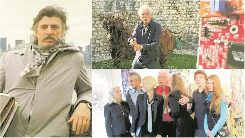 Da sinistra, Pituello (che aveva 80 anni) agli esordi durante un viaggio a New York. A destra, Pituello con una sua opera (foto da Facebook) e con la famiglia: da sinistra la moglie Morena, il figlio Hiram, la nuora Erika, Pituello, la figlia Elena, il figlio Enoch e la figlia Ginevra