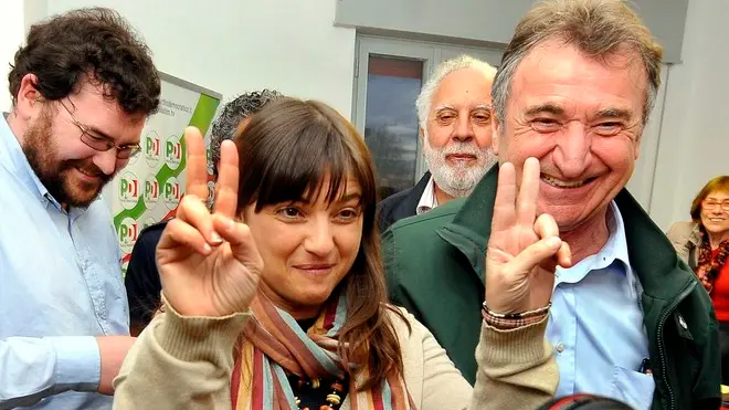 Udine 22 Aprile 2013. Elezioni regionali Friuli Venezia Giulia. Debora Serracchiani festeggia la vittortia nella sede del Pd. Telefoto Ag. Petrussi