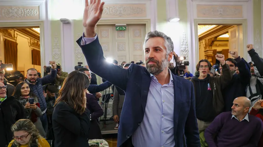 epa11033325 Pedro Nuno Santos celebrates the victory in the Portuguese Socialist Party (PS) direct elections in Lisbon, Portugal, 16 December 2023. Some 60,000 socialist members chose Antonio Costa's successor as secretary-general of the PS, a position for which Jose Luis Carneiro, Pedro Nuno Santos, and Daniel Adriao have applied. EPA/MIGUEL A. LOPES
