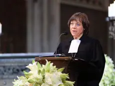 epa04708335 Annette Kurschus, praeses of the Evangelical Church of Westphalia, speaks during the memorial service for the victims of the Germanwings crash in the Cologne Cathedral in Cologne, Germany, 17 April 2015. German Chancellor Angela Merkel, foreign officials and religious leaders were attending the ecumenical service of national mourning in Cologne's historic cathedral that will also be telecast nationwide. The March 24 crash of flight 4U-9525 in the French Alps killed all 150 people on the Airbus jet. EPA/OLIVER BERG / POOL