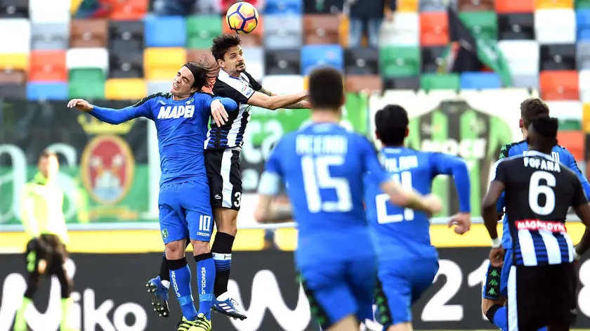 Udine, 19 febbraio 2016 Calcio Serie A 2016-2017, 25¡giornata Udinese vs Sassuolo Nella foto il difensore dellÕUdinese Felipe vs il attaccante del Sassuolo Alessandro Matri. © Foto Petrussi / Ferraro Simone