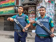 epa10952469 Bangladesh armed police officers stand guard in front of the Bangladesh Nationalist Party's office during the second day of a three-day nationwide blockade in Dhaka, Bangladesh, 01 November 2023. Bangladesh Nationalist Party (BNP) is protesting the recent arrest of their leaders and activists including secretary general Mirza Fakrul Islam Alamgir, and the death of party activists, in order to urge their one-point demand of immediate resignation of the ruling government. EPA/MONIRUL ALAM