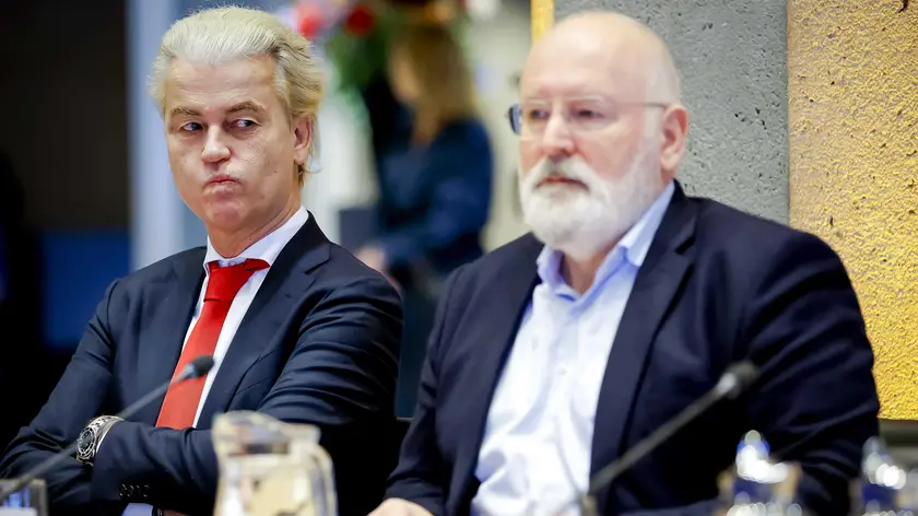 epa10992134 Leader of the far-right Freedom Party PVV Geert Wilders (L) and Frans Timmermans (GroenLinks/PvdA) during a meeting with party leaders for coalition talks in the House of Representatives in The Hague, The Netherlands, 24 November 2023. EPA/Remko de Waal