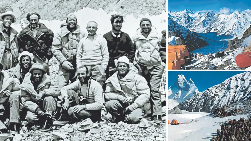 Lo storico gruppo della spedizione sul K2 del 1954, con spedizione guidata da Ardito Desio, e due immagini del campo base che la Presot intende ricostruire in vista del settantesimo anniversario dell’impresa