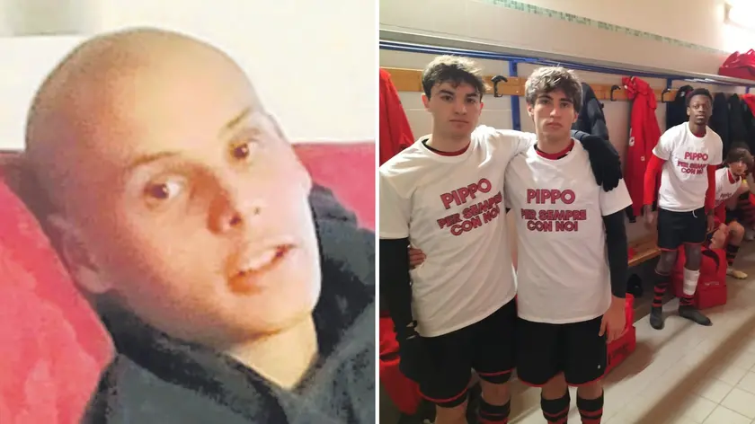 Filippo Fregolent, morto a 18 anni e, a destra, i compagni di squadra indossano la maglietta in suo ricordo