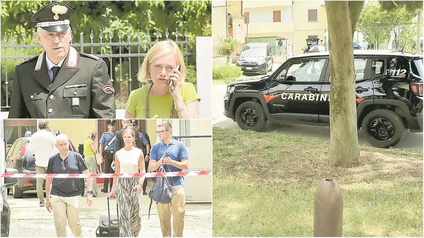 In alto, a sinistra, l’arrivo del sostituto procuratore di Udine Letizia Puppa nell’abitazione di Pantianicco, accompagnata dai carabinieri. In basso, a sinistra, il medico legale Carlo Moreschi con due collaboratori all’uscita dell’abitazione dopo il primo esame sul cadavere