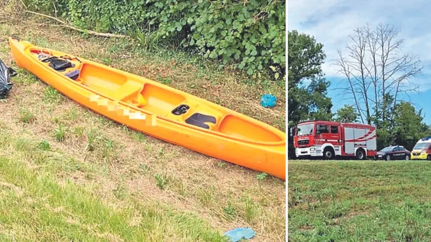 La canoa recuperata dal Livenza e, a destra, i soccorsi